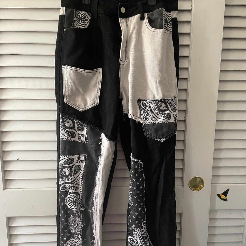 Black and white denim jeans.